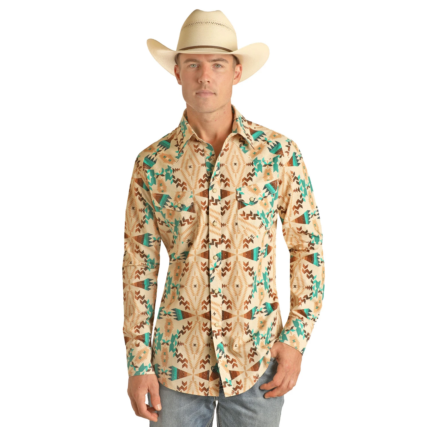 Rock & Roll Denim Long Sleeve Aztec Print Brown Snap Shirt B2S3323 1 Rock & Roll Denim Long Sleeve Aztec Print Brown Snap Shirt B2S3323