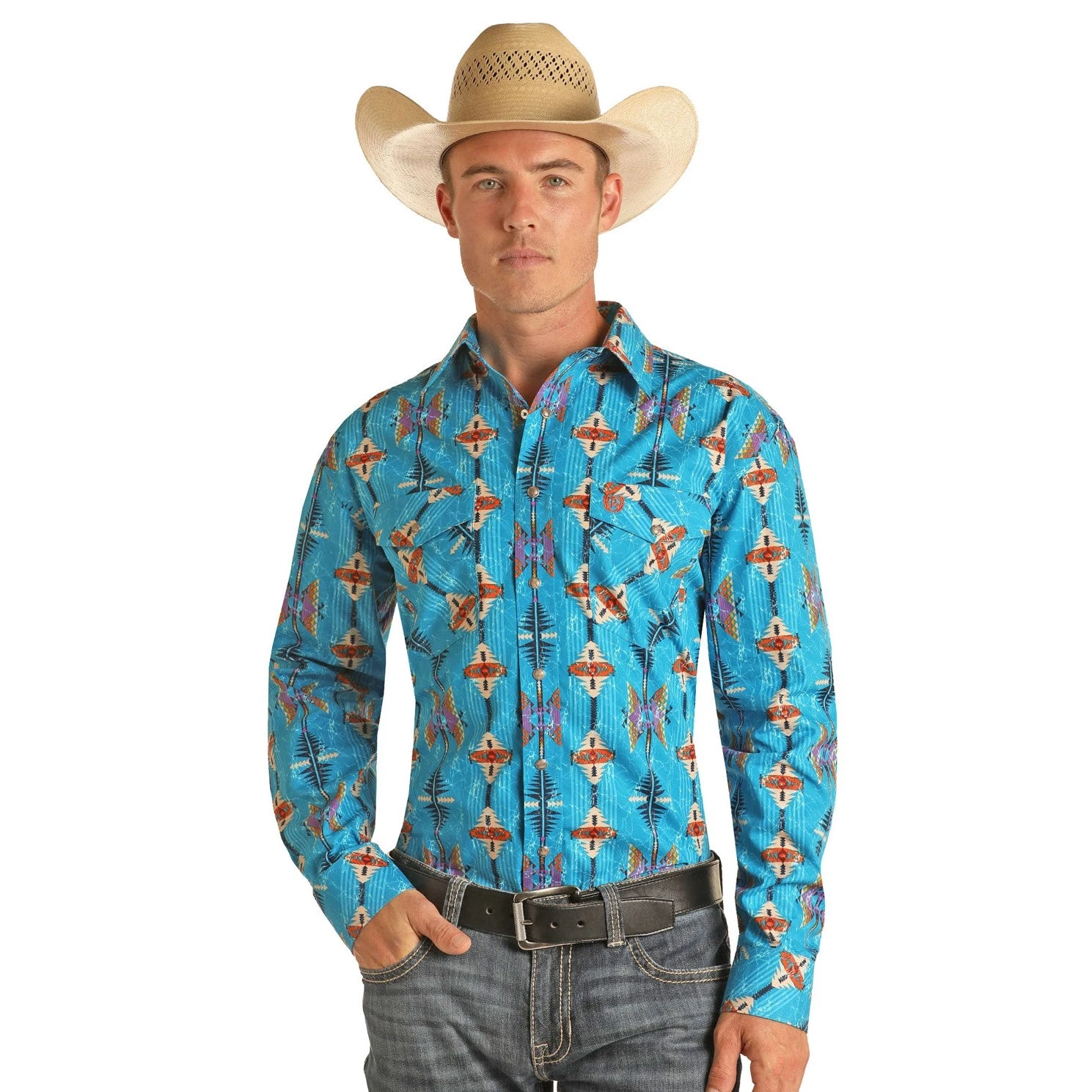 Rock & Roll Cowboy Men's Aztec Bright Turquoise Snap Shirt 36S3165 1 Rock & Roll Cowboy Men's Aztec Bright Turquoise Snap Shirt 36S3165
