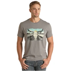 Rock & Roll Cowboy Men's Longhorn Graphic Grey T-Shirt RRMT21RZMG-05