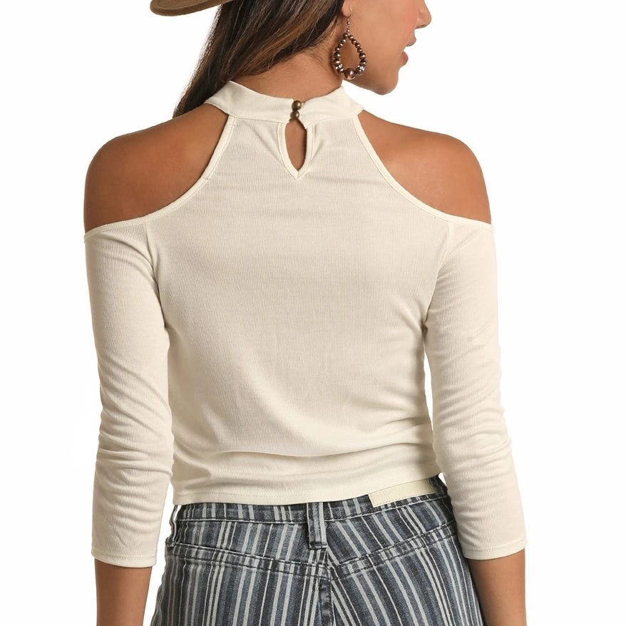 Rock & Roll Cowgirl Ladies Off Shoulder White 3/4 Sleeves Shirt 47-6297 2 Rock & Roll Cowgirl Ladies Off Shoulder White 3/4 Sleeves Shirt 47-6297 - Image 2