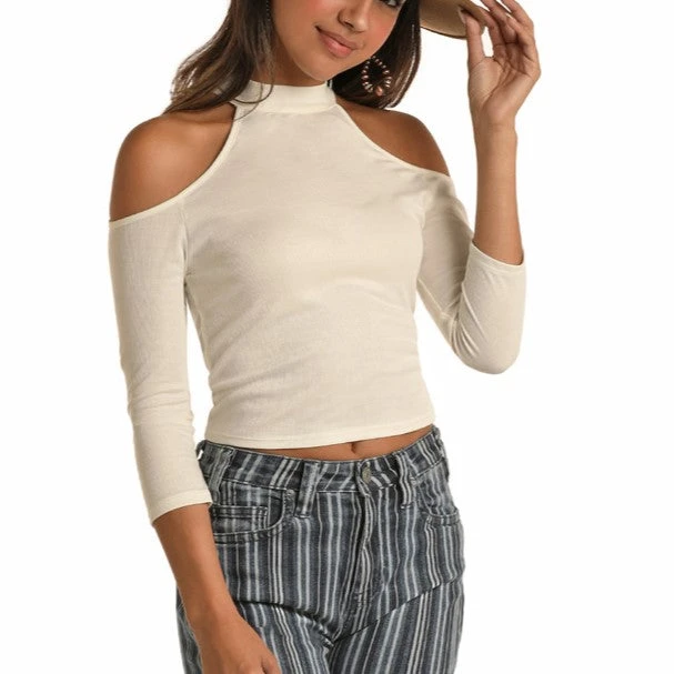 Rock & Roll Cowgirl Ladies Off Shoulder White 3/4 Sleeves Shirt 47-6297 1 Rock & Roll Cowgirl Ladies Off Shoulder White 3/4 Sleeves Shirt 47-6297
