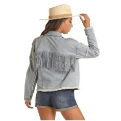 Rock & Roll Cowgirl Girl's Denim Studded Fringe Light Wash Jacket 52-3706 -Rock - Roll Shop 52 3706 A