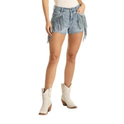 Rock & Roll Cowgirl Juniors High Rise Fringe Denim Shorts 68H3693