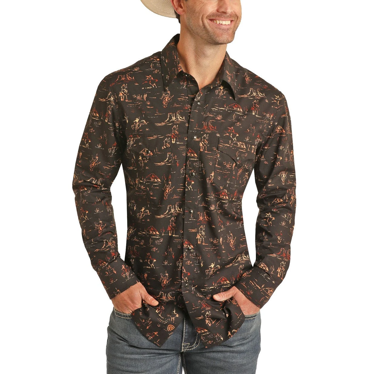 Rock & Roll Cowboy Long Sleeve Desert Print Orange Snap Shirt B2S3305 1 Rock & Roll Cowboy Long Sleeve Desert Print Orange Snap Shirt B2S3305