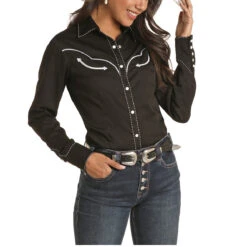 Rock & Roll Cowgirl Ladies "Howdy Y'all" Black Snap Shirt B4S8416-01