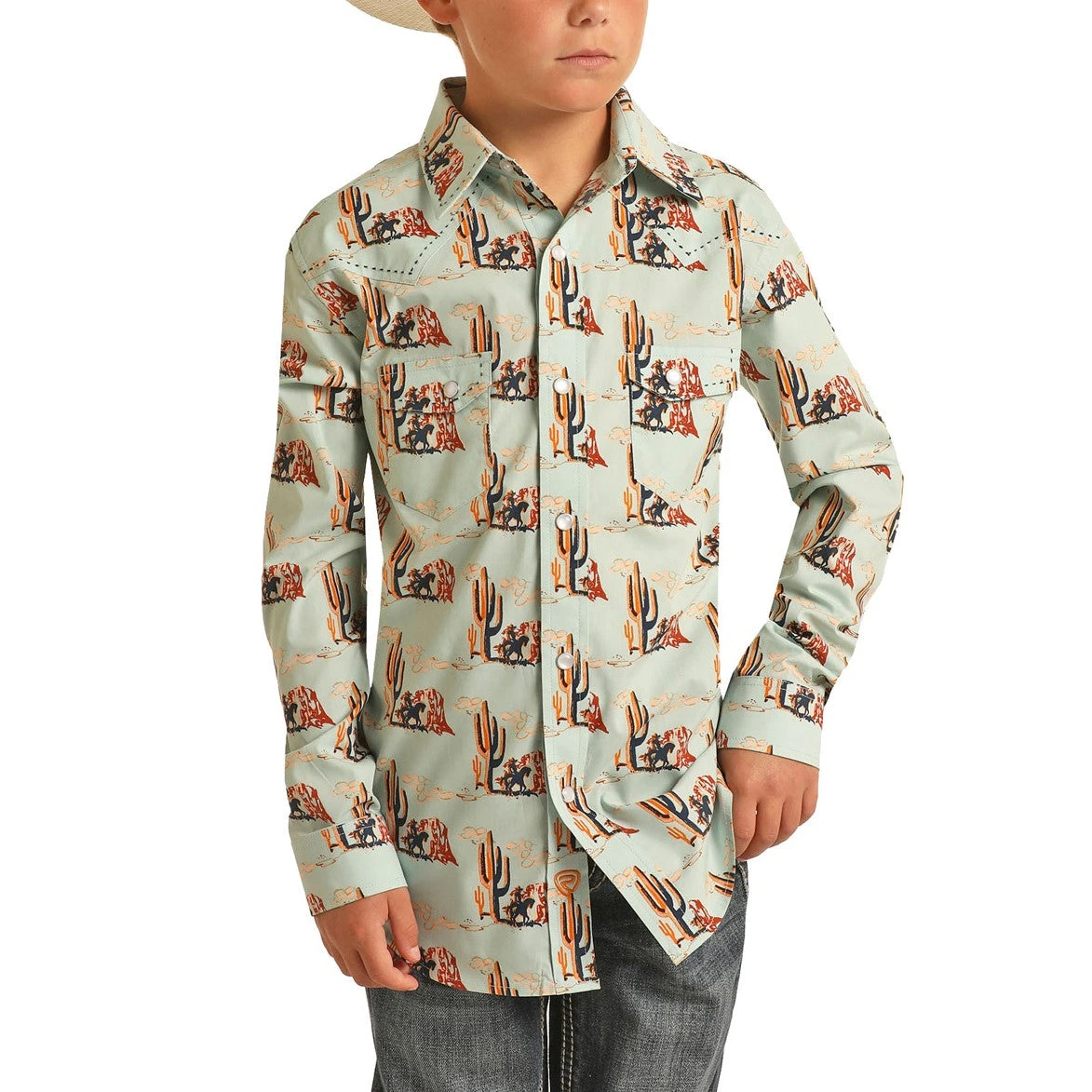 Rock & Roll Denim Boy's Cactus Desert Scene Aqua Snap Shirt B8S3325 1 Rock & Roll Denim Boy's Cactus Desert Scene Aqua Snap Shirt B8S3325