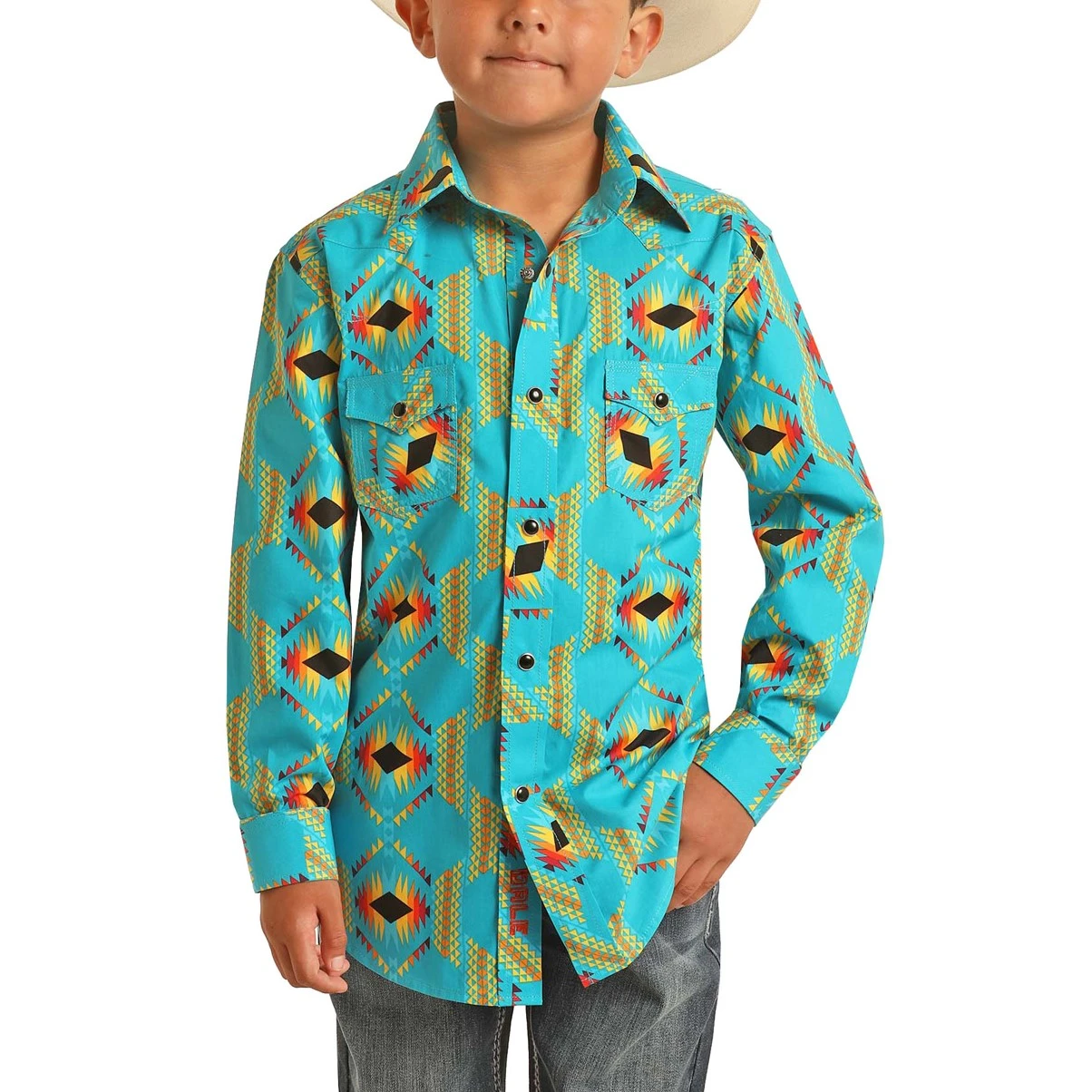 Rock & Roll Cowboy Boy's Aztec Print Turquoise Snap Shirt B8S3337 1 Rock & Roll Cowboy Boy's Aztec Print Turquoise Snap Shirt B8S3337