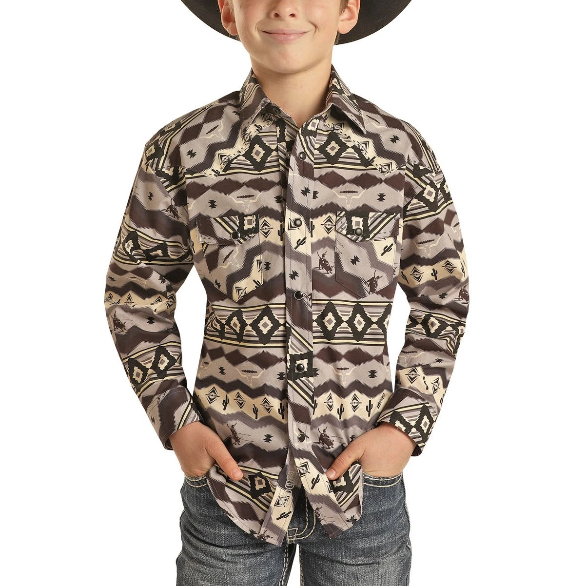Rock & Roll Cowboy Boy's Charcoal Aztec Snap Shirt B8S7058 1 Rock & Roll Cowboy Boy's Charcoal Aztec Snap Shirt B8S7058