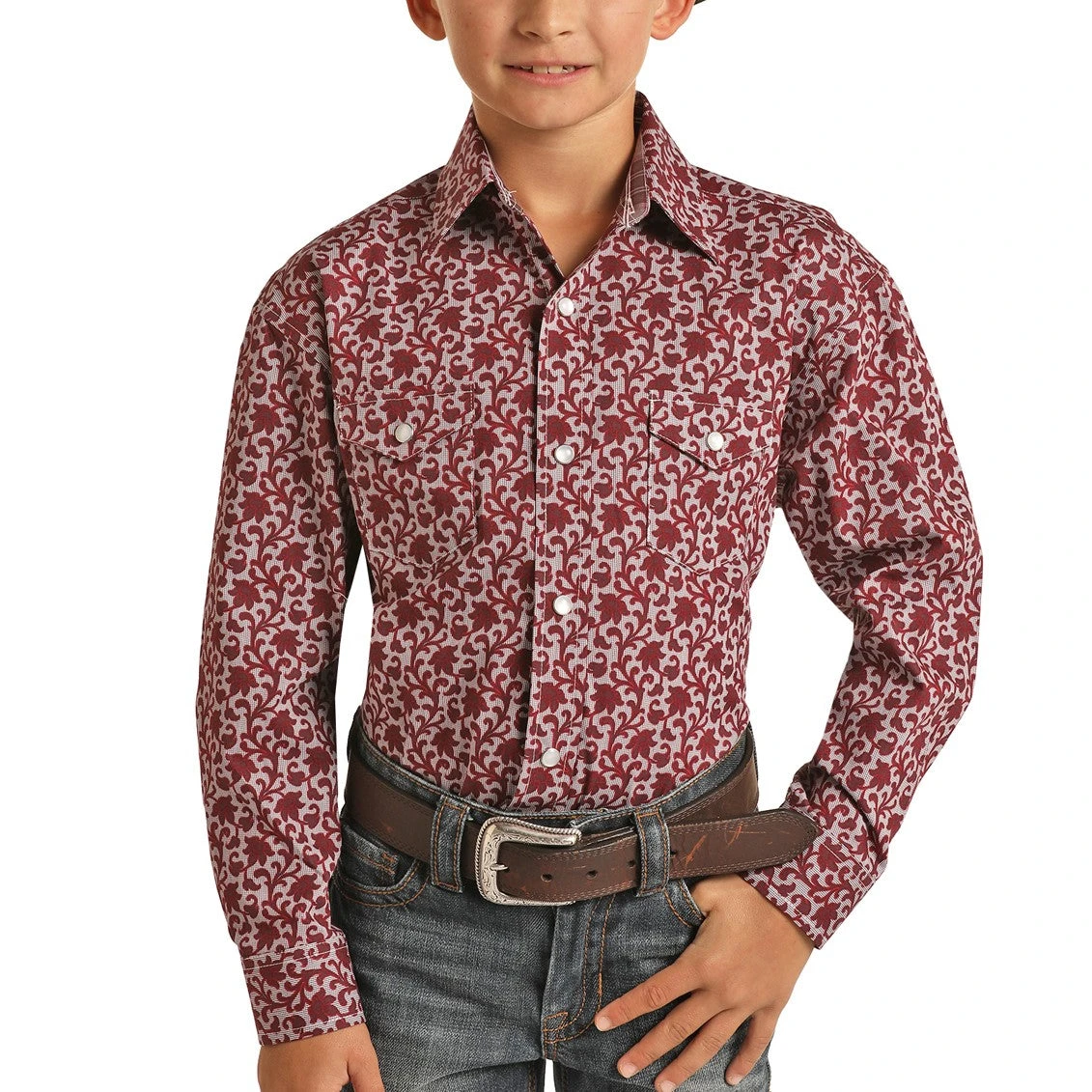Rock & Roll Cowboy Boy's Floral Print Maroon Snap Shirt C0S1614 1 Rock & Roll Cowboy Boy's Floral Print Maroon Snap Shirt C0S1614