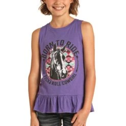 Rock & Roll Cowgirl Kids Born ToRide Graphic Purple Tank Top G1-4642