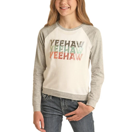 Rock & Roll Cowgirl Girl's Yee Haw Graphic Sweatshirt G4T2475 -Rock - Roll Shop G4T2475