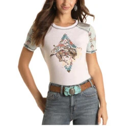 Panhandle White Label Ladies Bucking Horse Aztec Print T-Shirt L9T3484
