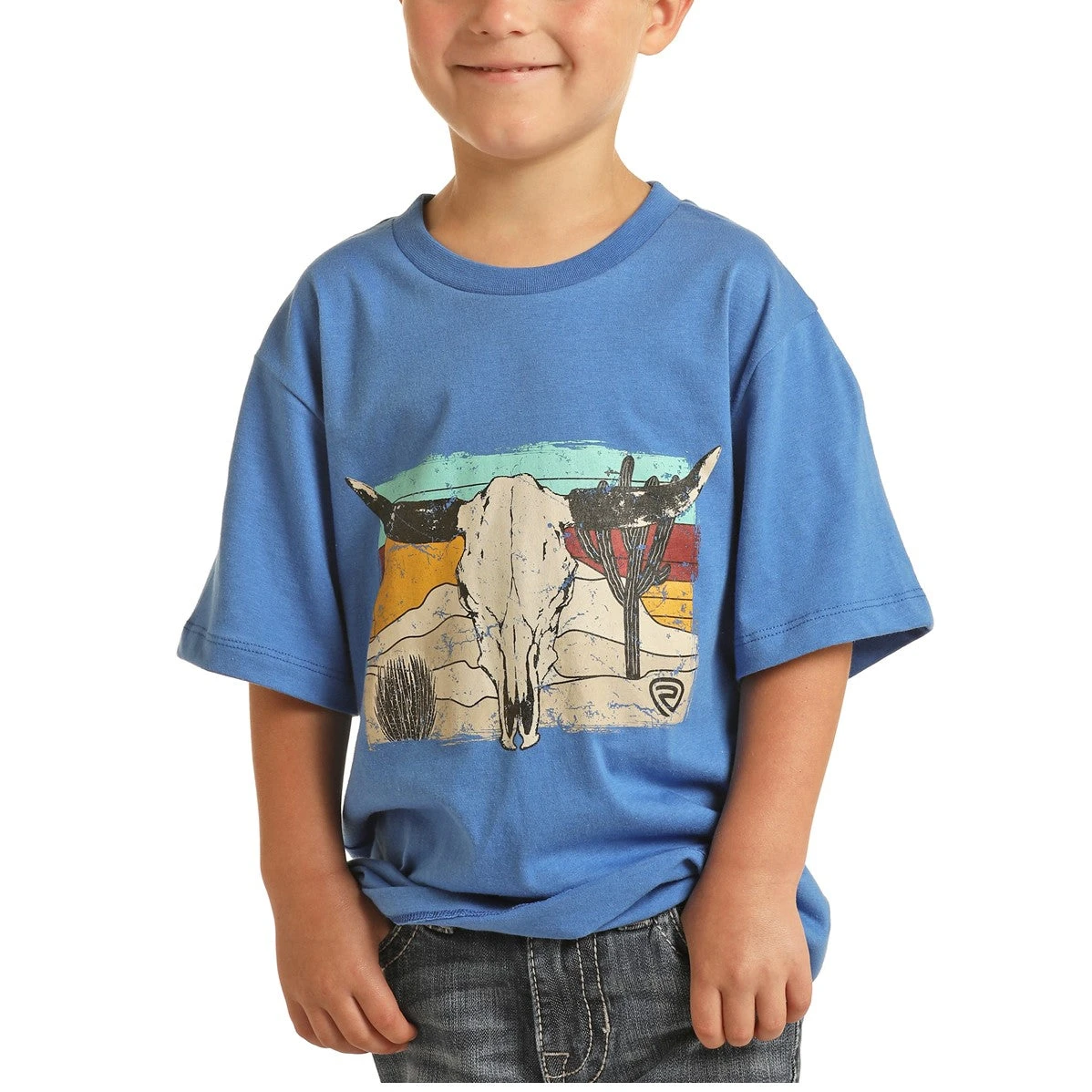 Rock & Roll Cowboy Short Sleeve Bull Skull Print Blue T-Shirt P3T3084 1 Rock & Roll Cowboy Short Sleeve Bull Skull Print Blue T-Shirt P3T3084