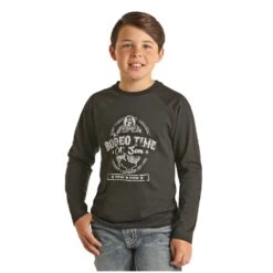 Rock & Roll Cowboy® Boy's Black Long Sleeve Graphic T-Shirt P4T2619
