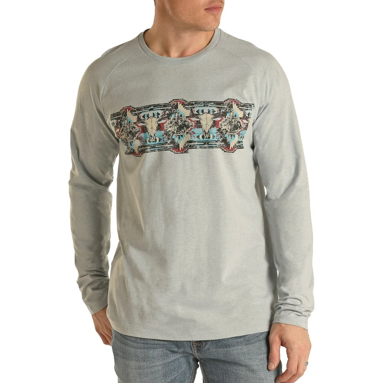 Rock & Roll Denim Men's Long Sleeve Aztec Graphic Grey T-Shirt P8-2612 1 Rock & Roll Denim Men's Long Sleeve Aztec Graphic Grey T-Shirt P8-2612