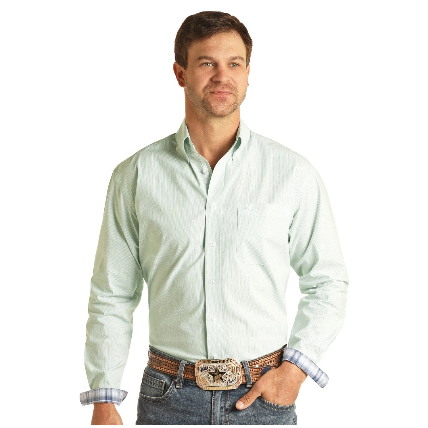 Rock & Roll Cowboy Men's Micro Pinstripe Emerald Button Down R0D3290 1 Rock & Roll Cowboy Men's Micro Pinstripe Emerald Button Down R0D3290