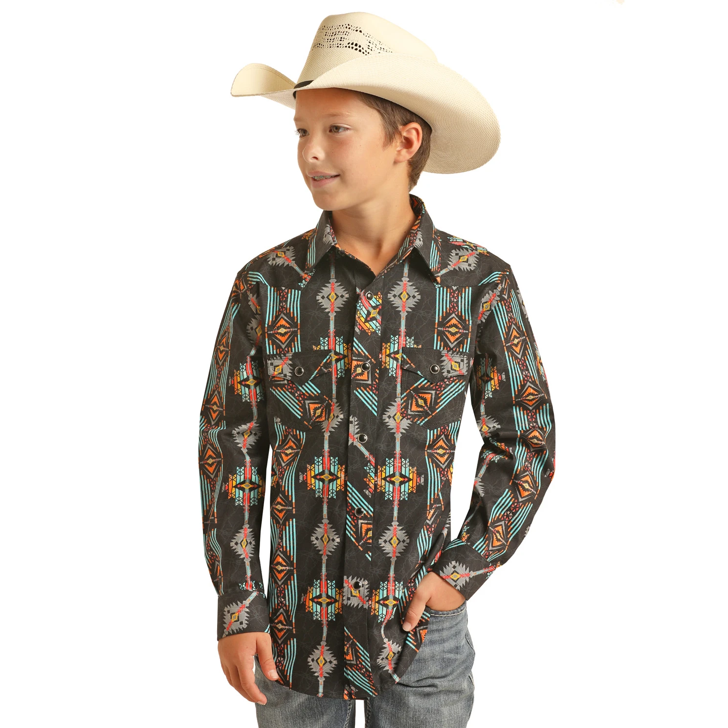 Rock & Roll Cowboy® Youth Boy's Black Aztec Button Shirt RRBS2SRZ7T-87 1 Rock & Roll Cowboy® Youth Boy's Black Aztec Button Shirt RRBS2SRZ7T-87