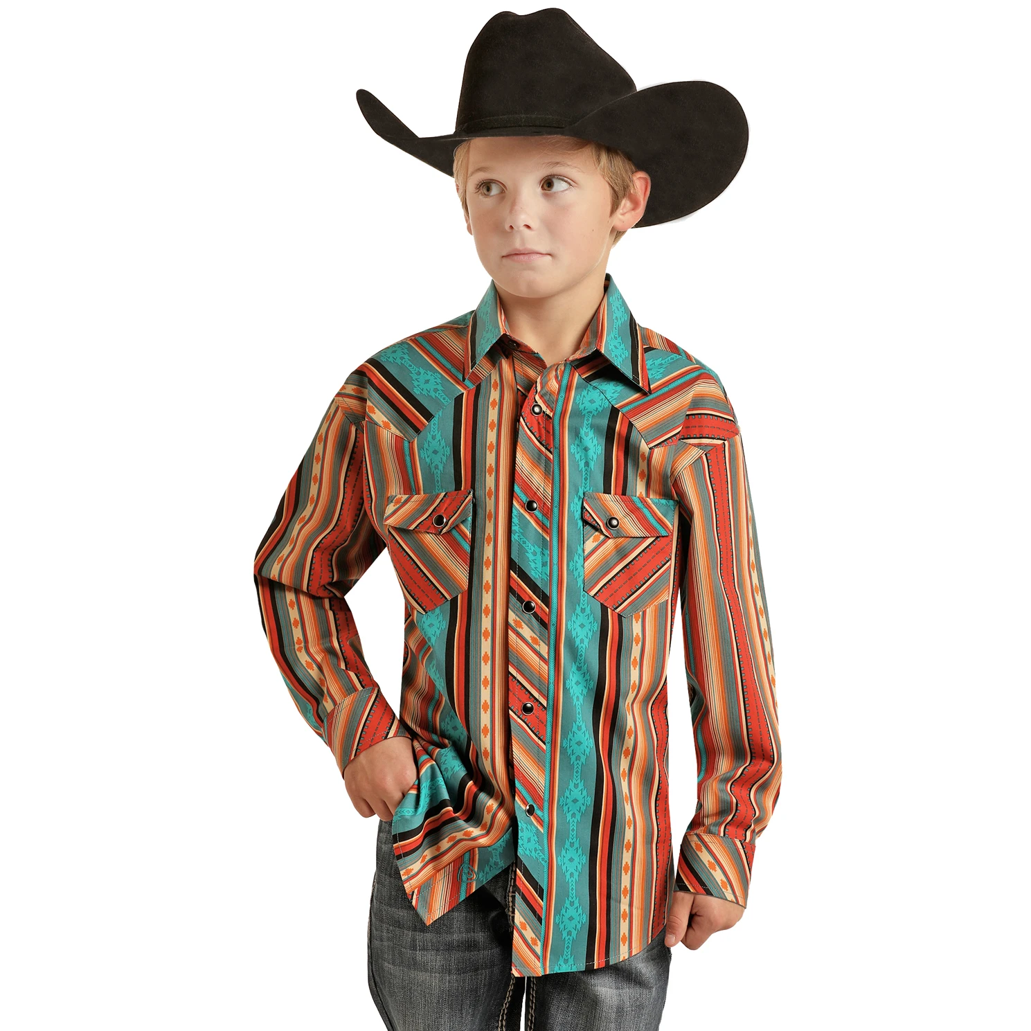 Rock & Roll Cowboy Kid's Aztec Stripe Caribbean Blue Shirt RRBSOSRZ0Y-83 1 Rock & Roll Cowboy Kid's Aztec Stripe Caribbean Blue Shirt RRBSOSRZ0Y-83
