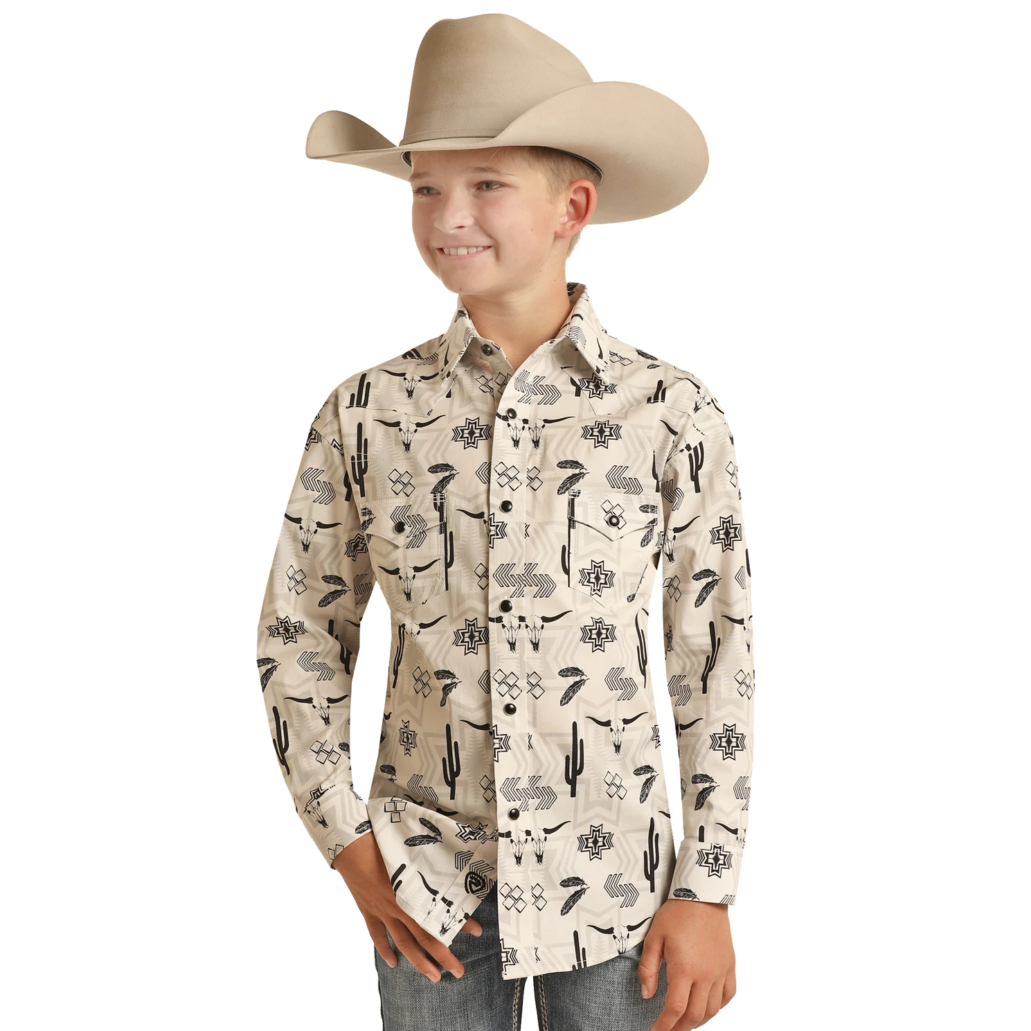 Rock & Roll® Youth Boy's Aztec Poplin Print Snap Shirt RRBSOSRZ11-12 1 Rock & Roll® Youth Boy's Aztec Poplin Print Snap Shirt RRBSOSRZ11-12