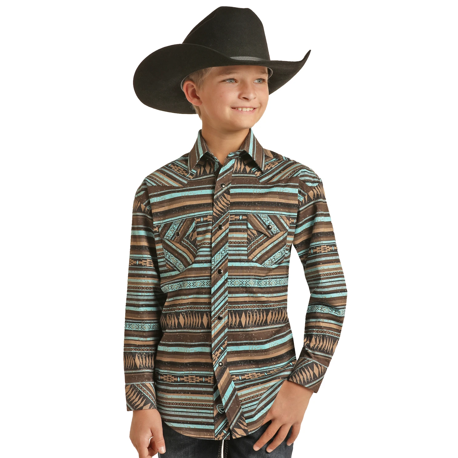 Rock & Roll Cowboy Kid's Teal Aztec Stripe Snap Shirt RRBSOSRZ17-81 1 Rock & Roll Cowboy Kid's Teal Aztec Stripe Snap Shirt RRBSOSRZ17-81
