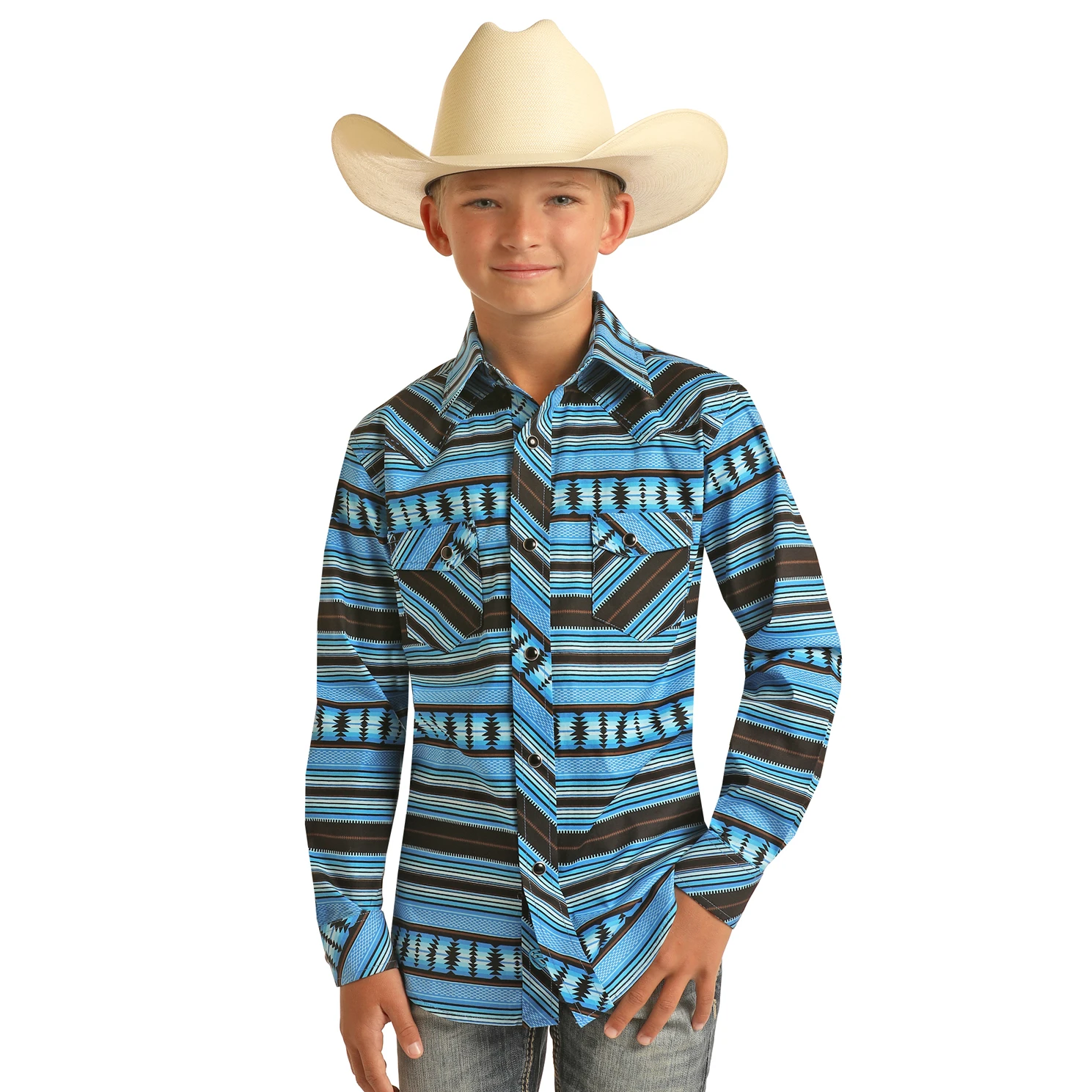 Rock & Roll Cowboy® Youth Boy's Blue Aztec Snap Up Shirt RRBSOSRZ81-86 1 Rock & Roll Cowboy® Youth Boy's Blue Aztec Snap Up Shirt RRBSOSRZ81-86