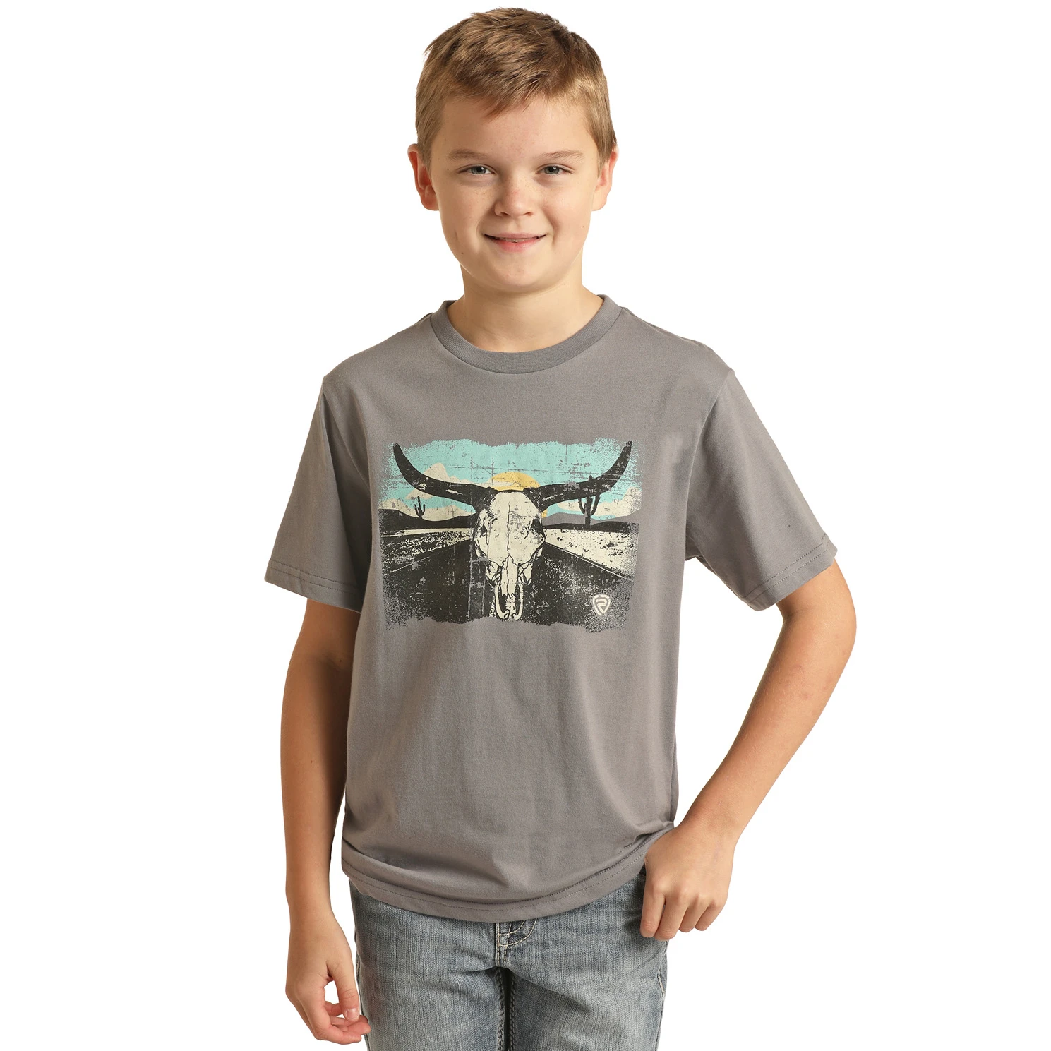 Rock & Roll Cowboy® Youth Boy's Longhorn Grey T-Shirt RRBT21RZMG-05 1 Rock & Roll Cowboy® Youth Boy's Longhorn Grey T-Shirt RRBT21RZMG-05