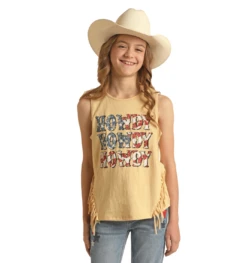 Rock & Roll Denim® Girl's Howdy Fringed Yellow Tank Top RRGT20R110