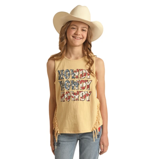 Rock & Roll Denim® Girl's Howdy Fringed Yellow Tank Top RRGT20R110 -Rock - Roll Shop RRGT20R110