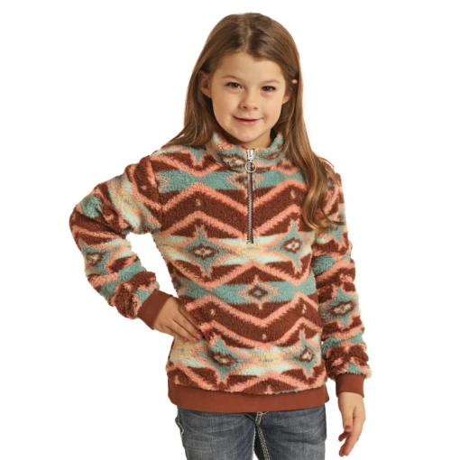 Rock & Roll Cowgirl Kid's Pink Aztec Sherpa Pullover RRGT91R04K-20 -Rock - Roll Shop RRGT91R04K 20