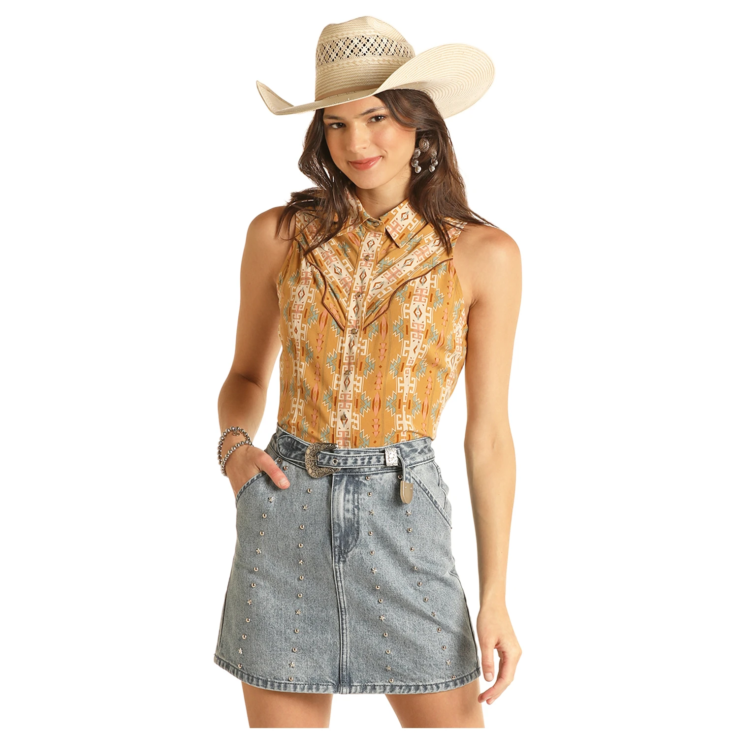 Rock & Roll Cowgirl® Ladies Camel Aztec Print Snap Shirt RRWSSSR0V6-25 1 Rock & Roll Cowgirl® Ladies Camel Aztec Print Snap Shirt RRWSSSR0V6-25