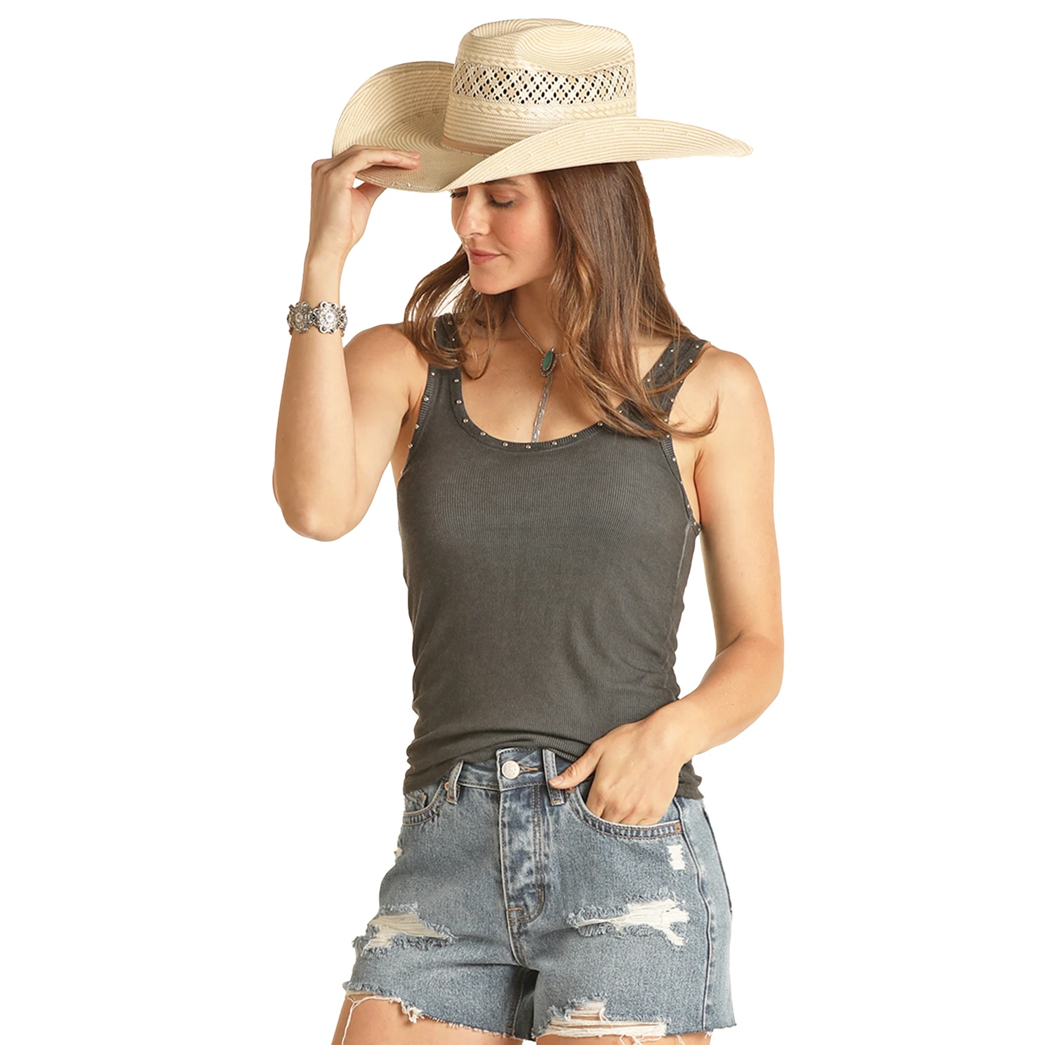 Rock & Roll Denim Ladies Ribbed Studded Black Tank Top ShirtRRWT20R0Y1 1 Rock & Roll Denim Ladies Ribbed Studded Black Tank Top ShirtRRWT20R0Y1