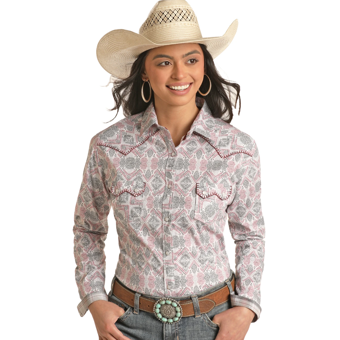 Rock & Roll Cowgirl® Ladies Burgundy Geo Print Shirt RSWSOSR0NP-62 1 Rock & Roll Cowgirl® Ladies Burgundy Geo Print Shirt RSWSOSR0NP-62