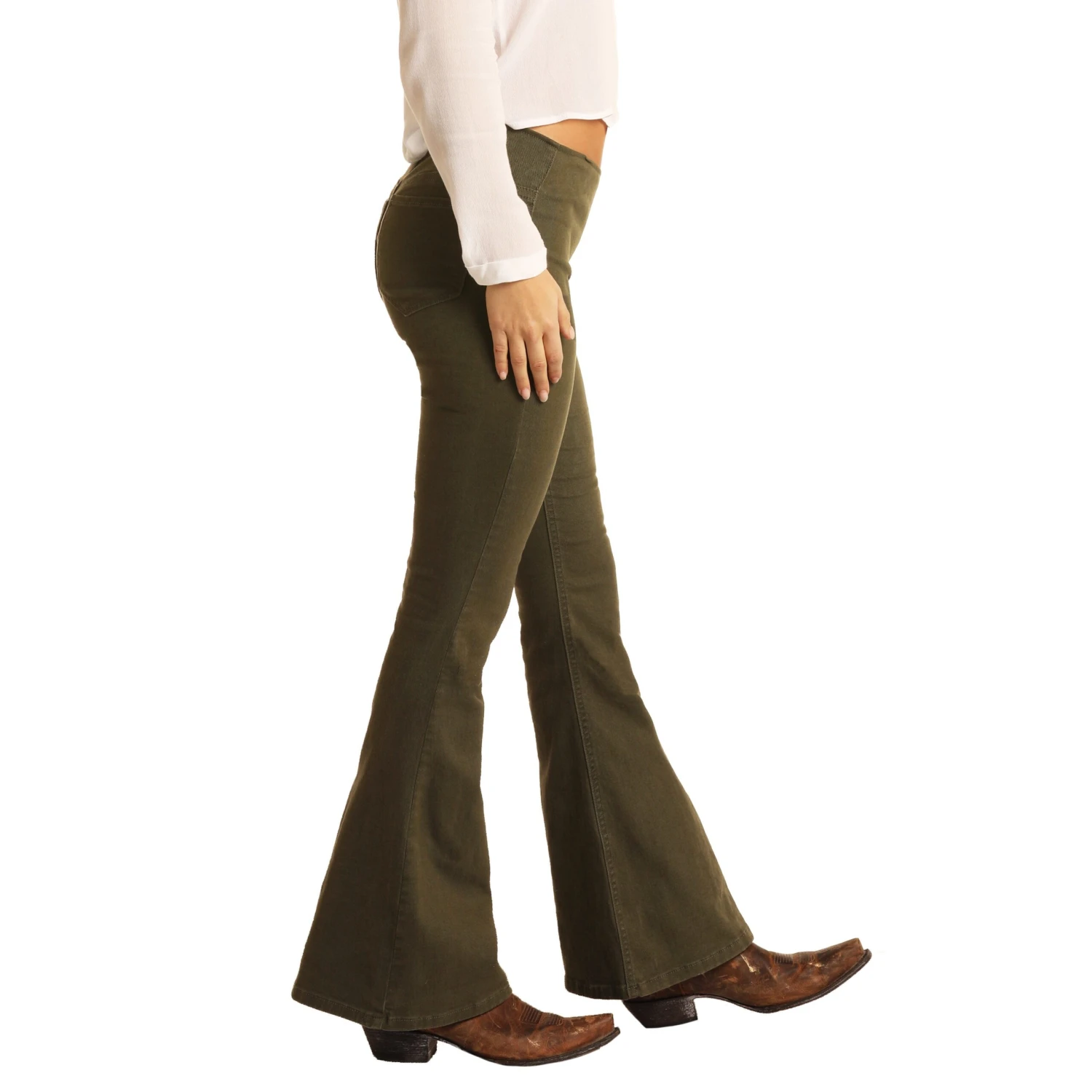 Rock & Roll Denim Ladies Olive Green Bargain Bell Jeans W1P6157 2 Rock & Roll Denim Ladies Olive Green Bargain Bell Jeans W1P6157 - Image 2