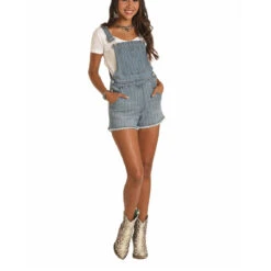 Rock & Roll Cowgirl Ladies Striped Denim Short Overalls WA-9752
