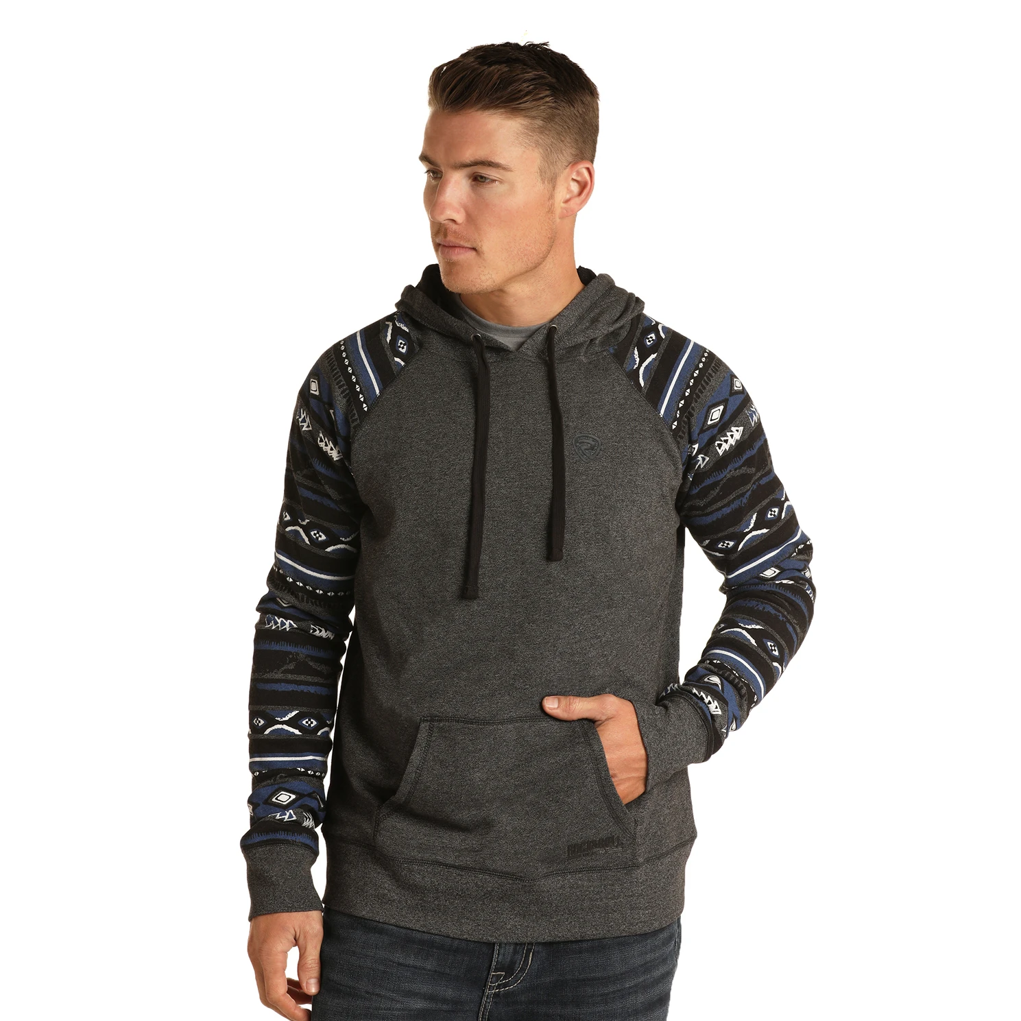 Rock & Roll Denim Men's Long Sleeve Charcoal Hooded Pullover P8H6339 1 Rock & Roll Denim Men's Long Sleeve Charcoal Hooded Pullover P8H6339