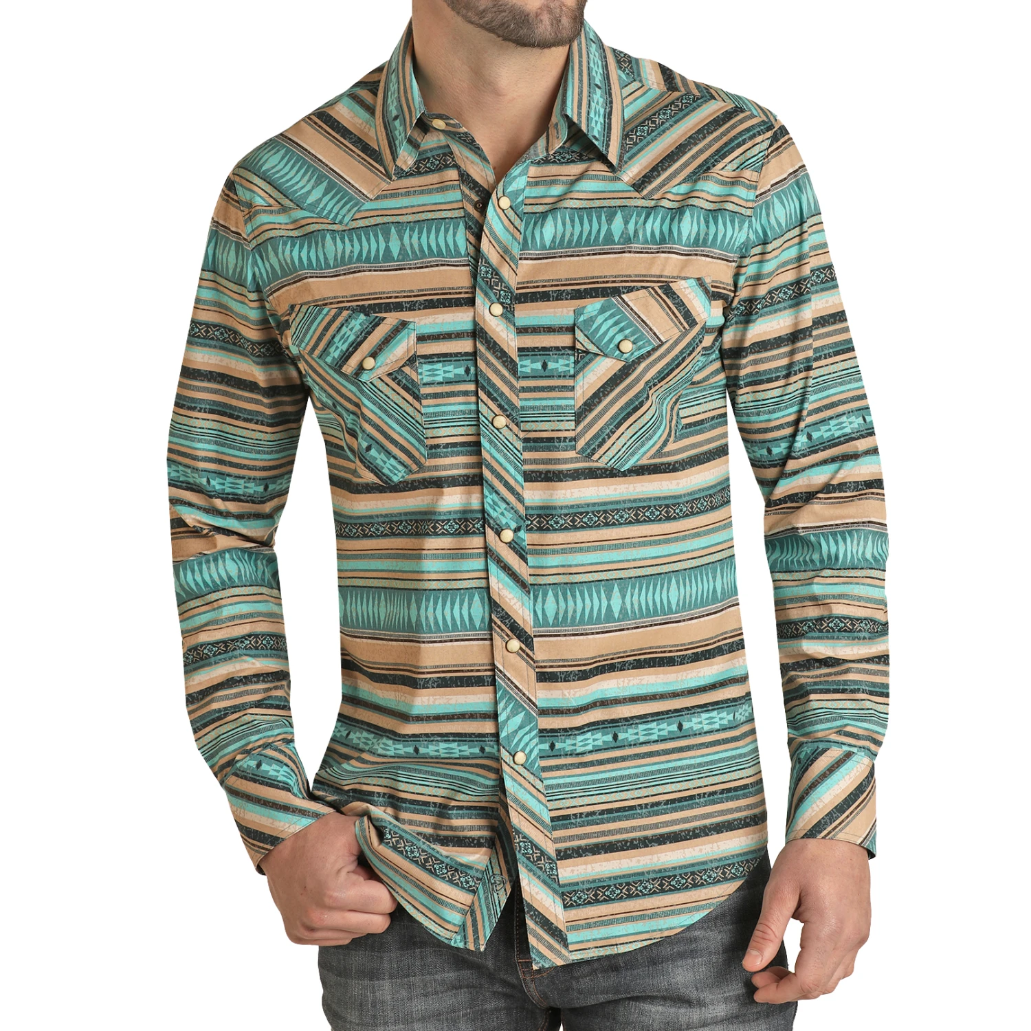 Rock & Roll Denim® Men's Aztec Stripe Woven Teal Snap Button Down Shirt RRMSOSR0PZ 1 Rock & Roll Denim® Men's Aztec Stripe Woven Teal Snap Button Down Shirt RRMSOSR0PZ