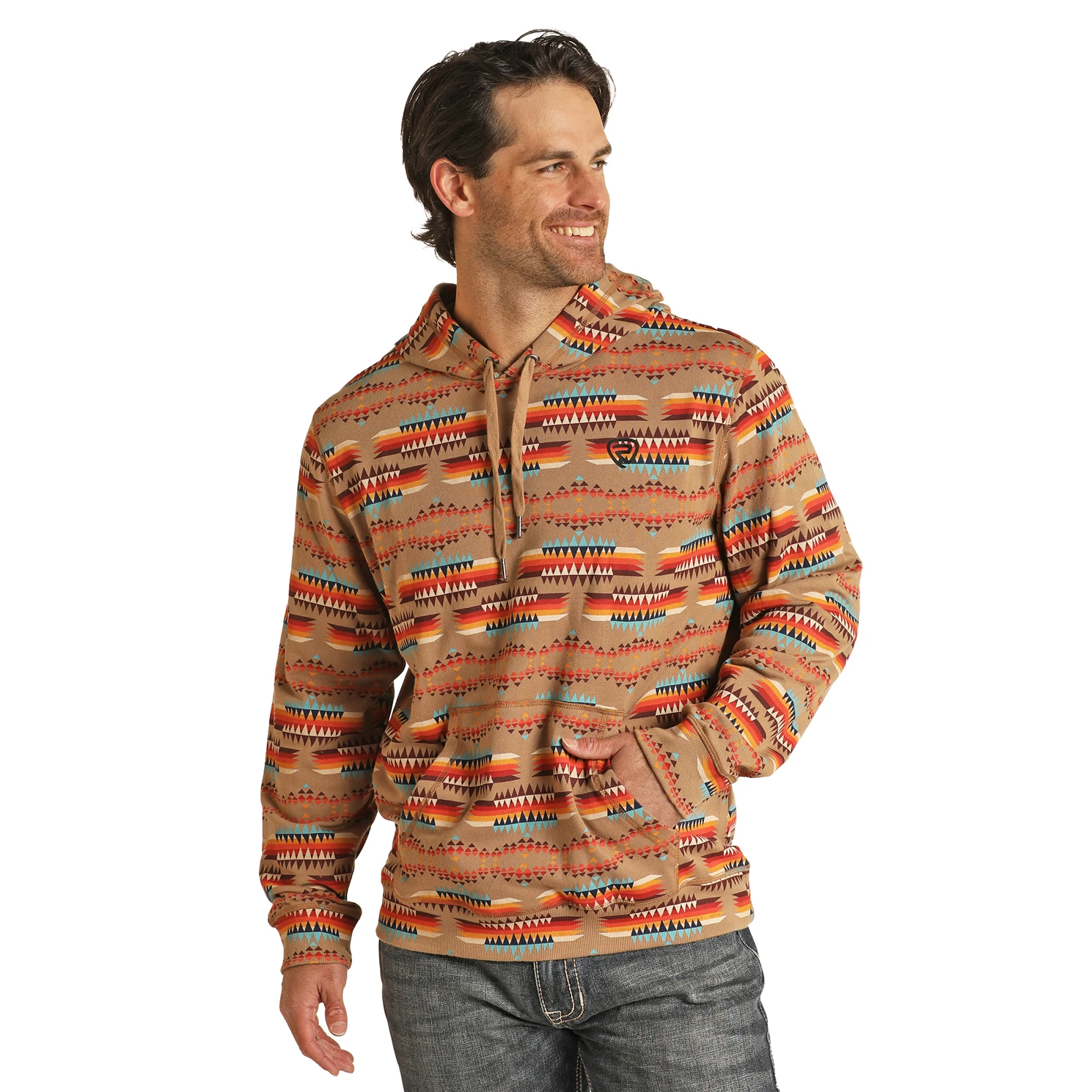 Rock & Roll Denim Men's Aztec Printed Tan Hoodie RRMT94R11S-27 1 Rock & Roll Denim Men's Aztec Printed Tan Hoodie RRMT94R11S-27