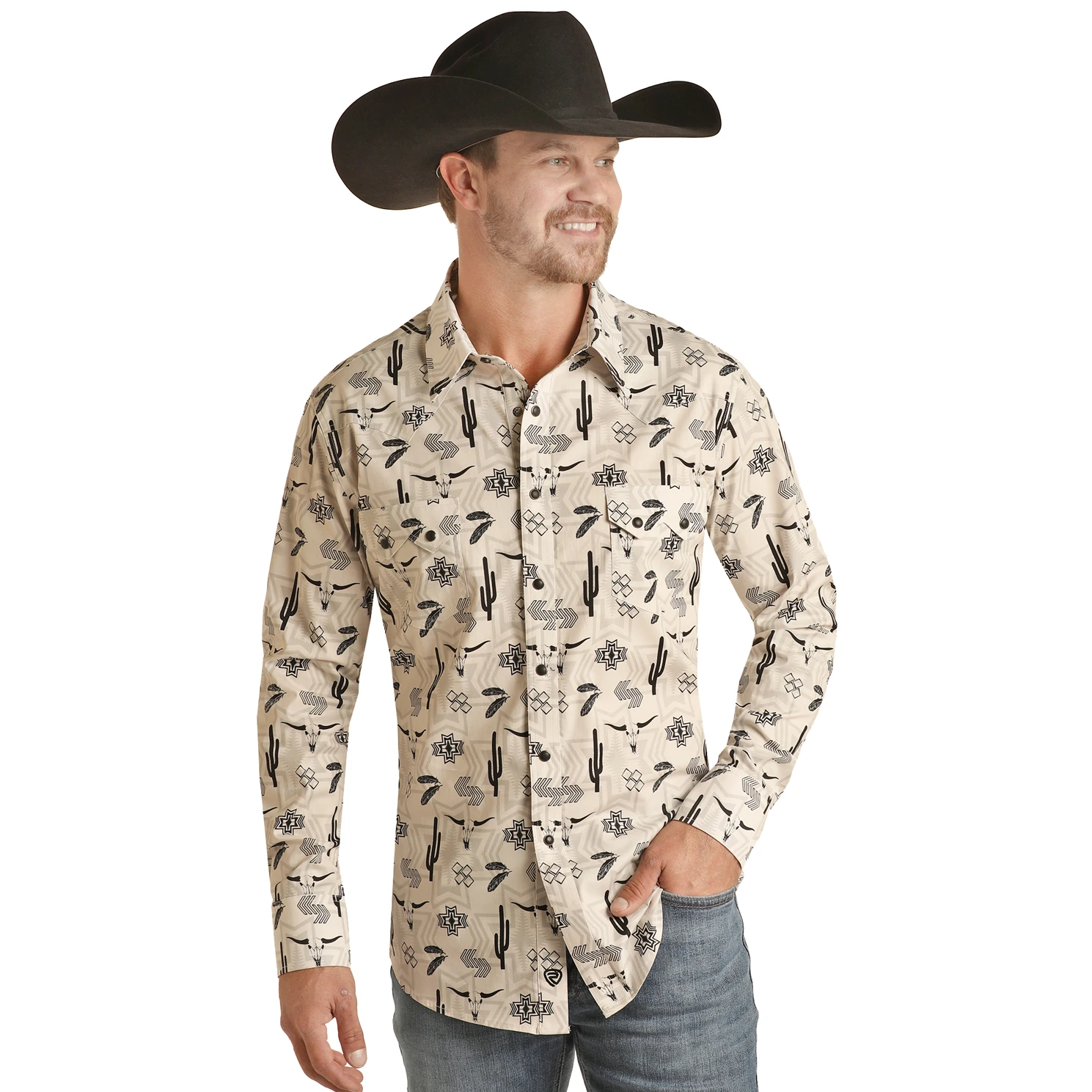Rock & Roll Men's Aztec Poplin Rodeo Print Snap Shirt RRMSOSRZ11-12 1 Rock & Roll Men's Aztec Poplin Rodeo Print Snap Shirt RRMSOSRZ11-12