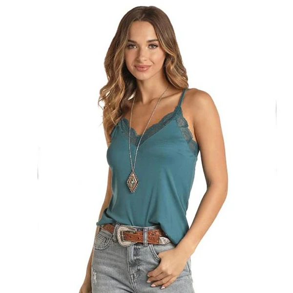 Rock & Roll Cowgirl Girl's Rib Knit Lace Teal Trim Cami Shirt 49-8391-81 2 Rock & Roll Cowgirl Girl's Rib Knit Lace Teal Trim Cami Shirt 49-8391-81 - Image 2